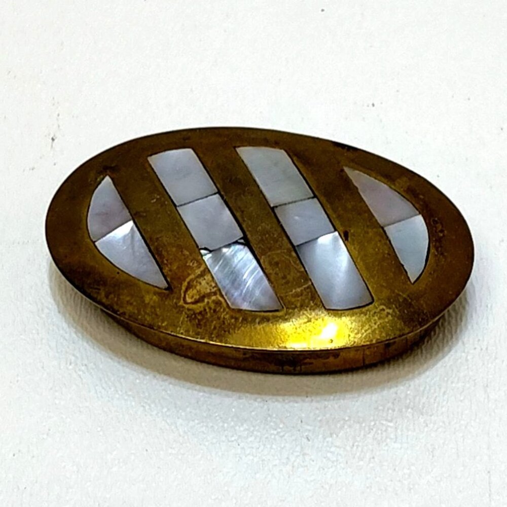 Pill Box Mother-of-Pearl Inlay Hand-Crafted Brass English Edwardian Circa 1900